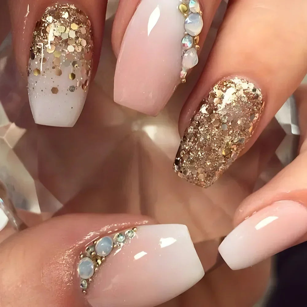 24Pcs Coffin Handmade Press on Nails Full Cover Glitter Swirl Design Gradient Ballet False Nails Wearable Manicure False Nails