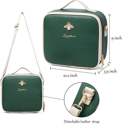 Lacattura Travel Makeup Bag, Leather Makeup Train Case Cosmetic Organizer for Makeup Brushes Toiletry Digital Accessories, Portable Artist Storage Bag with Shoulder Strap for Women Lady - Green