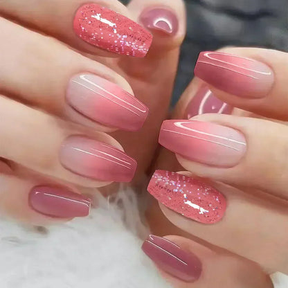 24Pcs Coffin Handmade Press on Nails Full Cover Glitter Swirl Design Gradient Ballet False Nails Wearable Manicure False Nails
