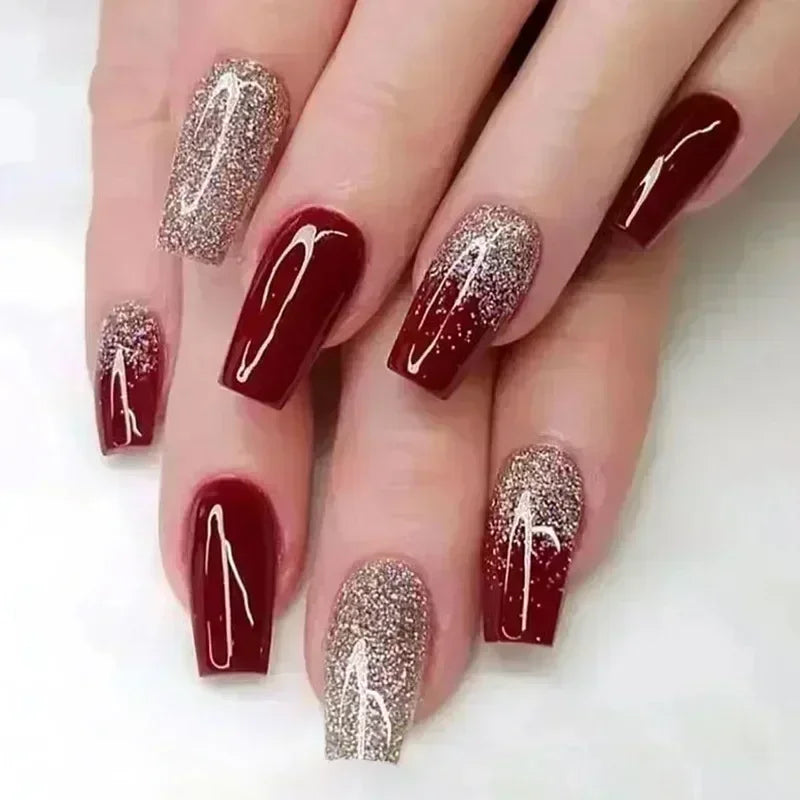 24Pcs Coffin Handmade Press on Nails Full Cover Glitter Swirl Design Gradient Ballet False Nails Wearable Manicure False Nails
