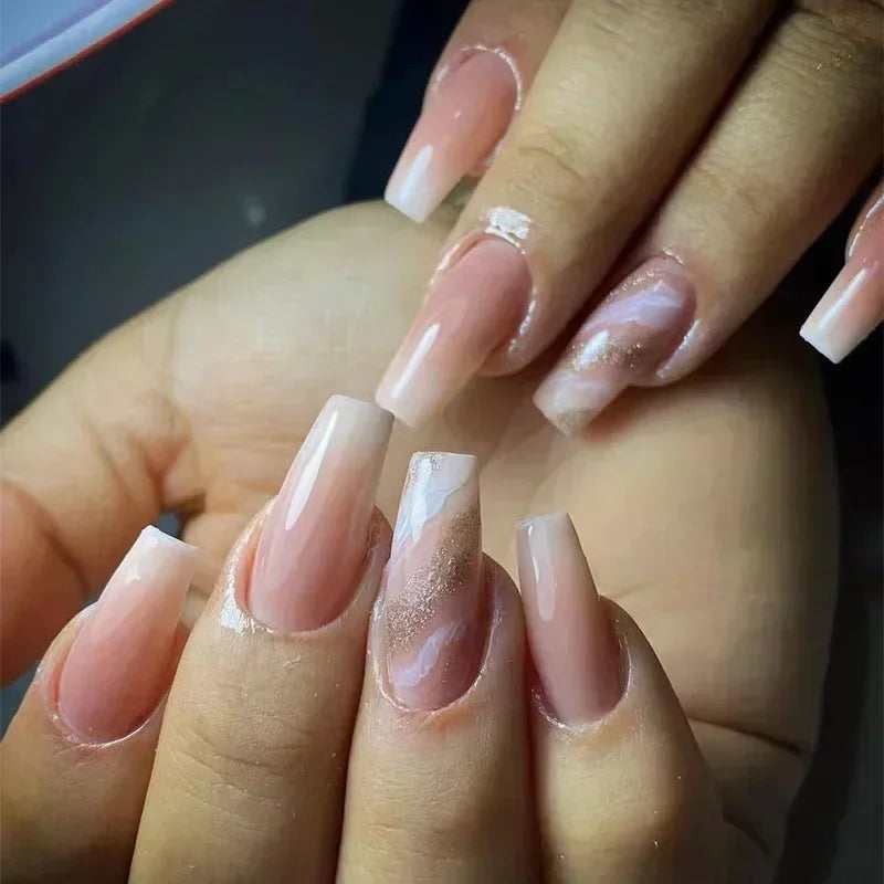 24Pcs Coffin Handmade Press on Nails Full Cover Glitter Swirl Design Gradient Ballet False Nails Wearable Manicure False Nails
