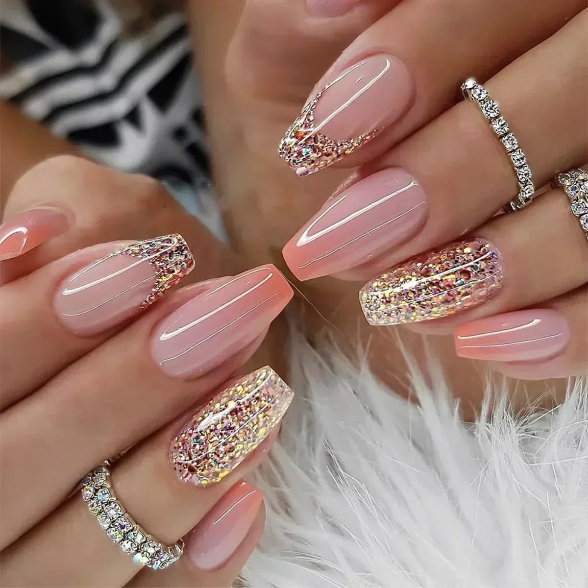 24Pcs Coffin Handmade Press on Nails Full Cover Glitter Swirl Design Gradient Ballet False Nails Wearable Manicure False Nails