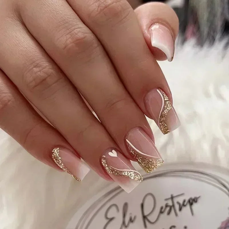 24Pcs Coffin Handmade Press on Nails Full Cover Glitter Swirl Design Gradient Ballet False Nails Wearable Manicure False Nails