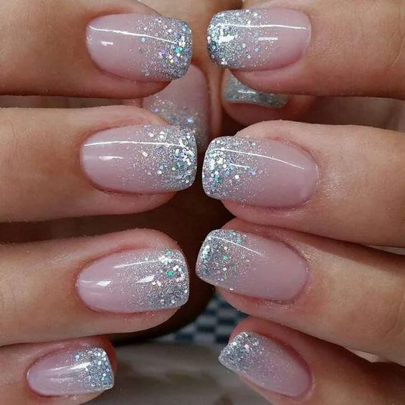 24Pcs Coffin Handmade Press on Nails Full Cover Glitter Swirl Design Gradient Ballet False Nails Wearable Manicure False Nails