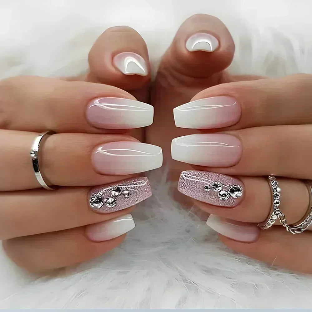 24Pcs Coffin Handmade Press on Nails Full Cover Glitter Swirl Design Gradient Ballet False Nails Wearable Manicure False Nails