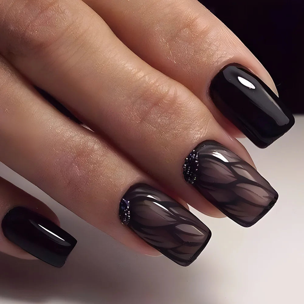 24Pcs Coffin Handmade Press on Nails Full Cover Glitter Swirl Design Gradient Ballet False Nails Wearable Manicure False Nails