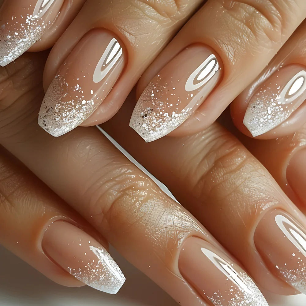 24Pcs Coffin Handmade Press on Nails Full Cover Glitter Swirl Design Gradient Ballet False Nails Wearable Manicure False Nails