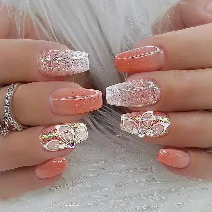 24Pcs Coffin Handmade Press on Nails Full Cover Glitter Swirl Design Gradient Ballet False Nails Wearable Manicure False Nails