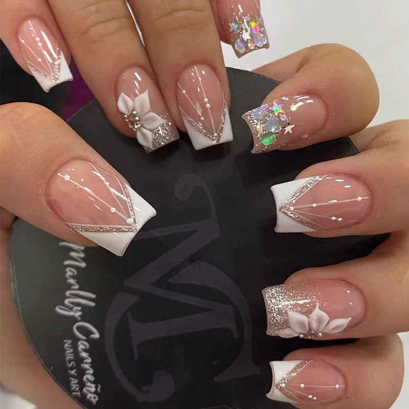 24Pcs Coffin Handmade Press on Nails Full Cover Glitter Swirl Design Gradient Ballet False Nails Wearable Manicure False Nails