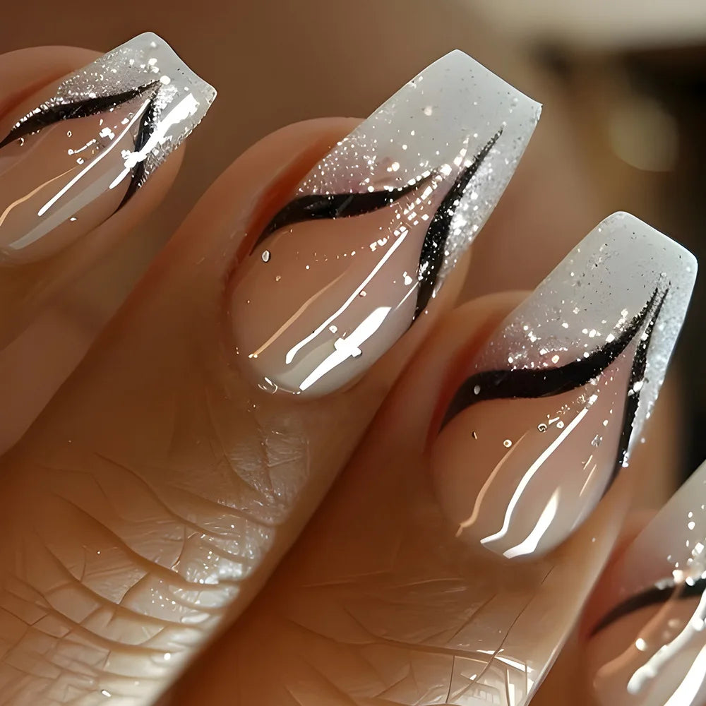 24Pcs Coffin Handmade Press on Nails Full Cover Glitter Swirl Design Gradient Ballet False Nails Wearable Manicure False Nails