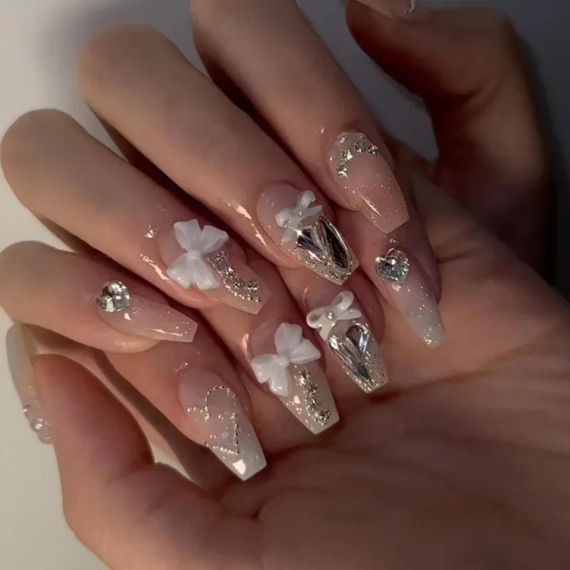 24Pcs Coffin Handmade Press on Nails Full Cover Glitter Swirl Design Gradient Ballet False Nails Wearable Manicure False Nails