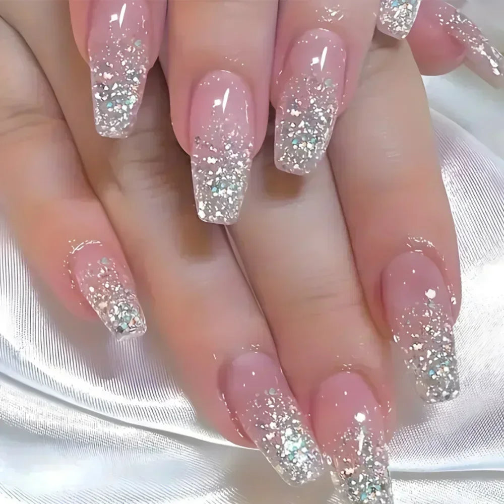 24Pcs Coffin Handmade Press on Nails Full Cover Glitter Swirl Design Gradient Ballet False Nails Wearable Manicure False Nails
