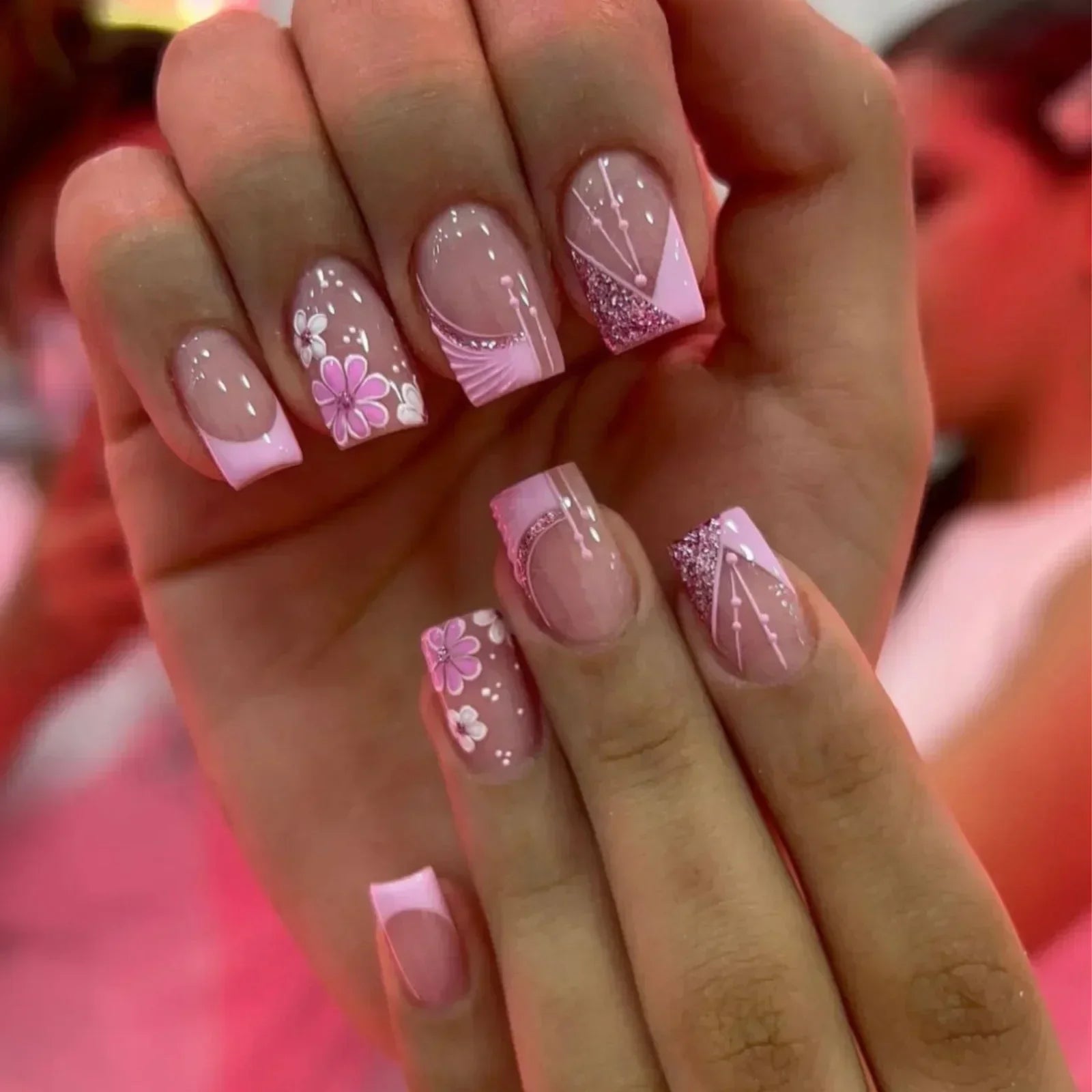 24Pcs Coffin Handmade Press on Nails Full Cover Glitter Swirl Design Gradient Ballet False Nails Wearable Manicure False Nails