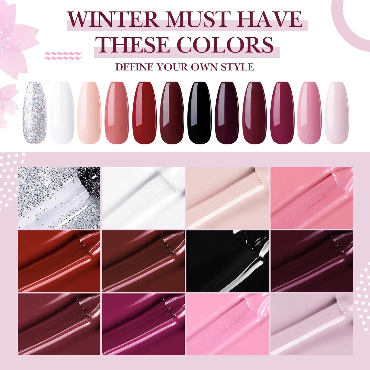 Gel Nail Polish, 12 Colors Gel Polish-Berry Colors, 12 Ml Each, Red Pink Black White Glitters Gel Nail Set, Soak off Gel Polish Kit, Salon Nail Gift for Women Girls, Non-Toxic Odor-Free Bubble FreeNail Gift