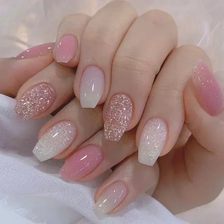 24Pcs Coffin Handmade Press on Nails Full Cover Glitter Swirl Design Gradient Ballet False Nails Wearable Manicure False Nails