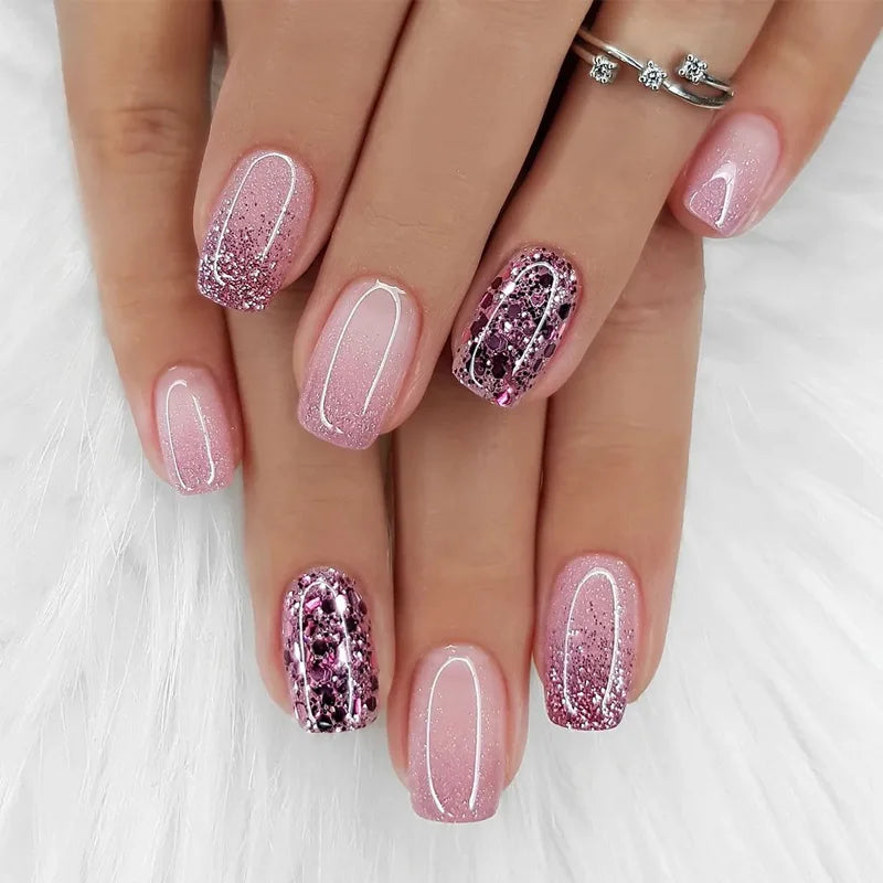 24Pcs Coffin Handmade Press on Nails Full Cover Glitter Swirl Design Gradient Ballet False Nails Wearable Manicure False Nails