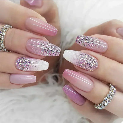 24Pcs Coffin Handmade Press on Nails Full Cover Glitter Swirl Design Gradient Ballet False Nails Wearable Manicure False Nails