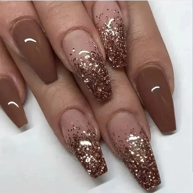 24Pcs Coffin Handmade Press on Nails Full Cover Glitter Swirl Design Gradient Ballet False Nails Wearable Manicure False Nails